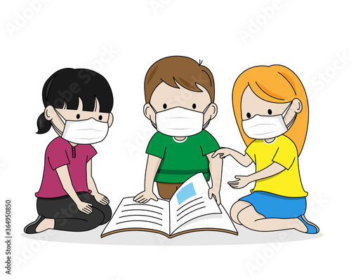 Children reading a book with masks. Isolated vector