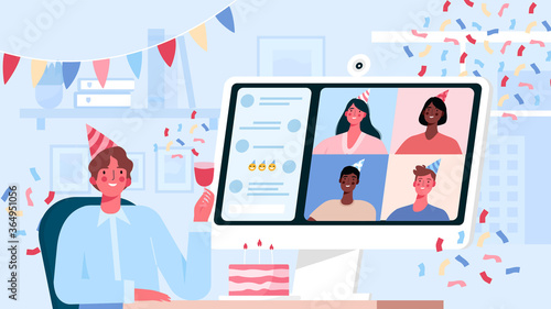 Online internet party, birthday, meeting friends. Birthday celebration in quarantine mode. Friends have fun in a video conference,chat. People drink wine together in quarantine. Vector illustration.
