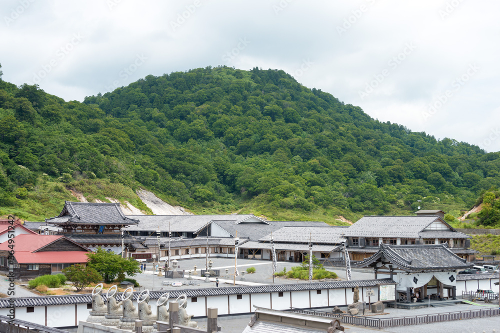 Fototapeta premium Osorezan Bodaiji Temple in Mutsu, Aomori, Japan. founded in 862 AD by the famed monk Ennin, a famous historic site.