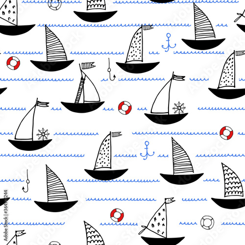 Seamless pattern with hand drawn sailing boats, anchors, fishhooks, safety rings for surface design and other design projects. Sailing and fishing concept