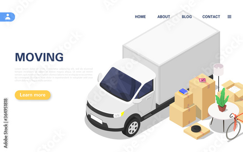 Home moving concept. A lorry and a set of packed boxes with various household items.