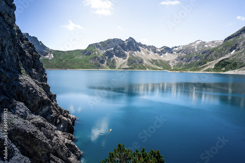 Beautiful panoramic view of Lunersee is a large alpine lake high above Brandnertal in the Austrian State of Vorarlberg. Set amidst the striking limestone mountains One of the largest natural mountain photo