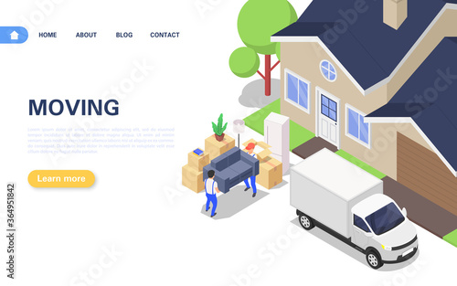 Home moving web banner concept. Unloading a truck packed with corton boxes with various household items and furniture.