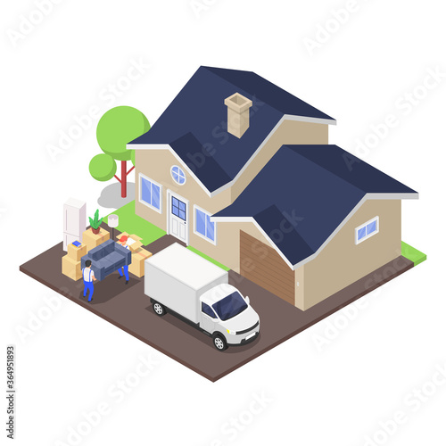 Home moving concept. Movers unloading a truck packed with corton boxes with various household items.
