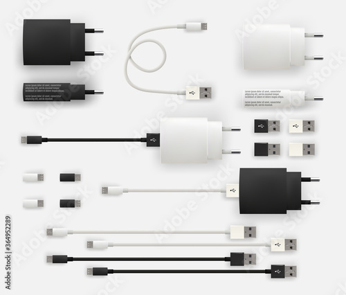 Realistic 3D USB micro cables, connectors, sockets and plug