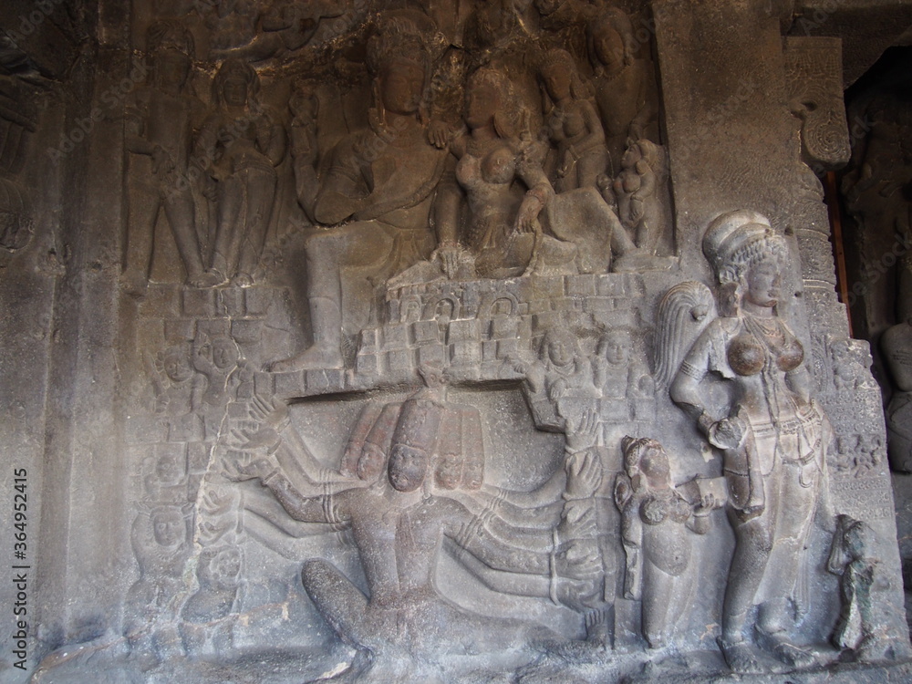 Beautiful stone carvings, Ellora Caves, Aurangabad, Maharashtra, Western India, India
