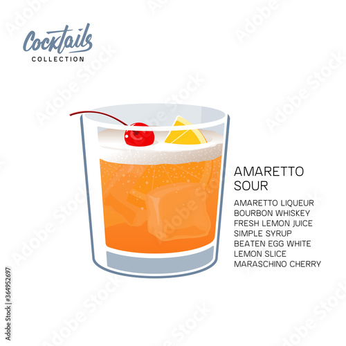Amaretto sour cocktail drink lemon cherry vector illustration