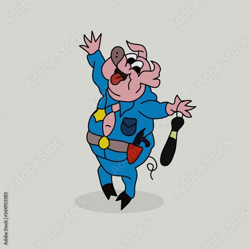 vector illustration, pig wearing police uniform, flat design