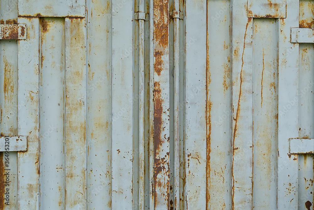 Door of a steel gray old rusty sea cargo container, texture, background.