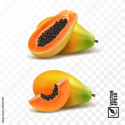 Whole and slices pieces papaya fruit, 3D realistic isolated vector, editable handmade mesh