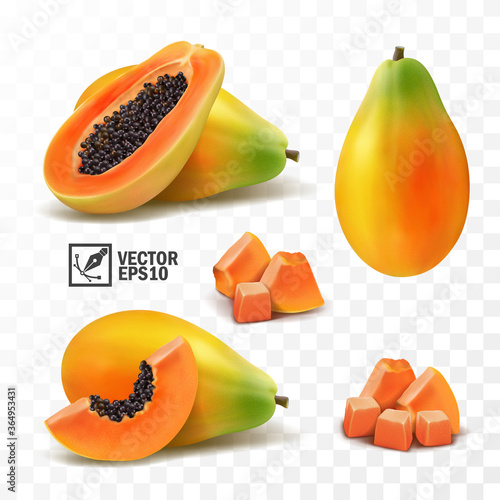 3d realistic transparent isolated vector set, whole and slice of papaya fruit, a bunch of papaya