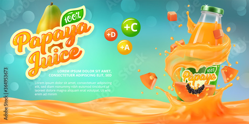 Horizontal banner with 3D realistic advertising of papaya juice, a bottle with papaya juice among the splashes and a logo