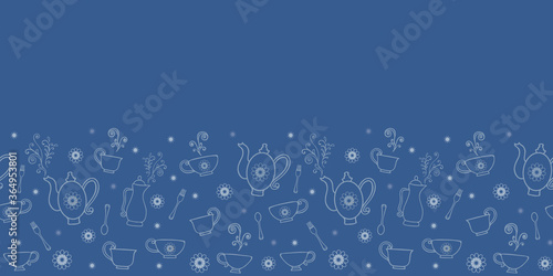 Vector blue texture art deco tea set border
