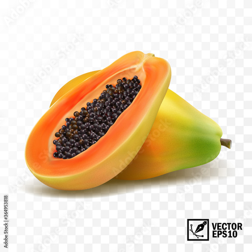 Whole and slices papaya fruit, 3D realistic isolated vector, editable handmade mesh