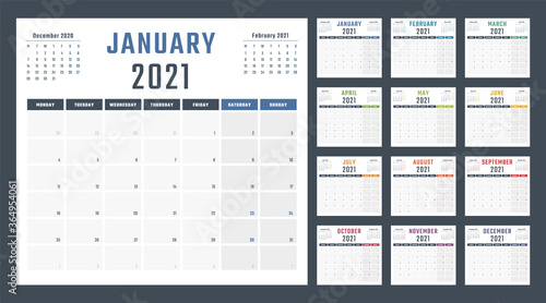 calendar for 2021 starts monday  vector calendar design 2021 year