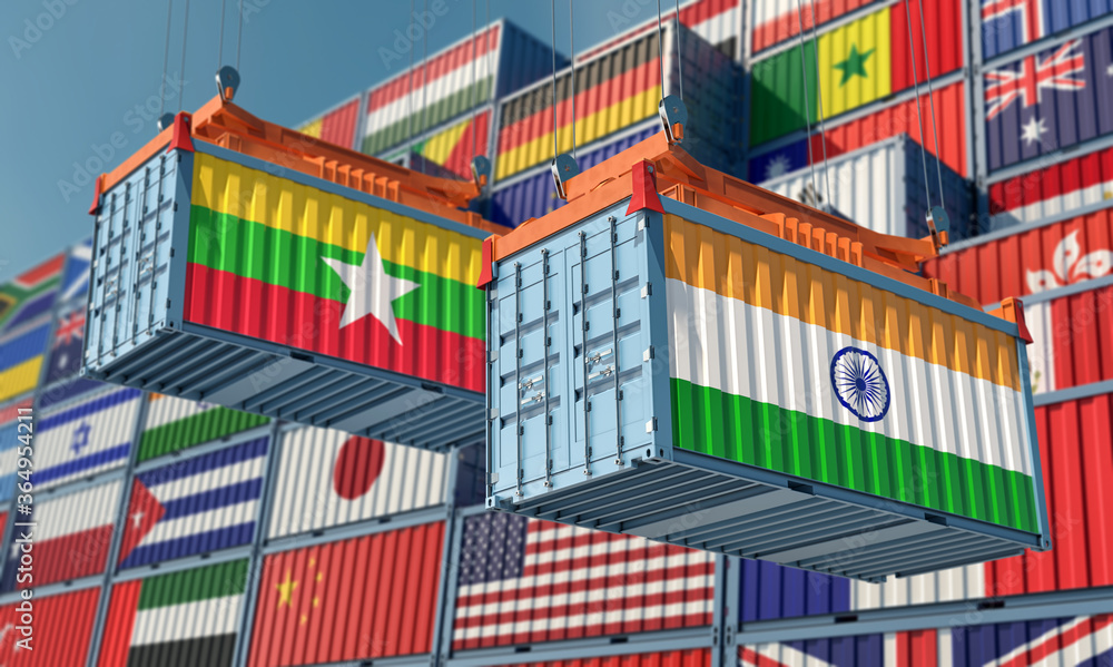 Freight containers with India and Myanmar flag. 3D Rendering Freight containers with India and Myanmar flag. 3D Rendering