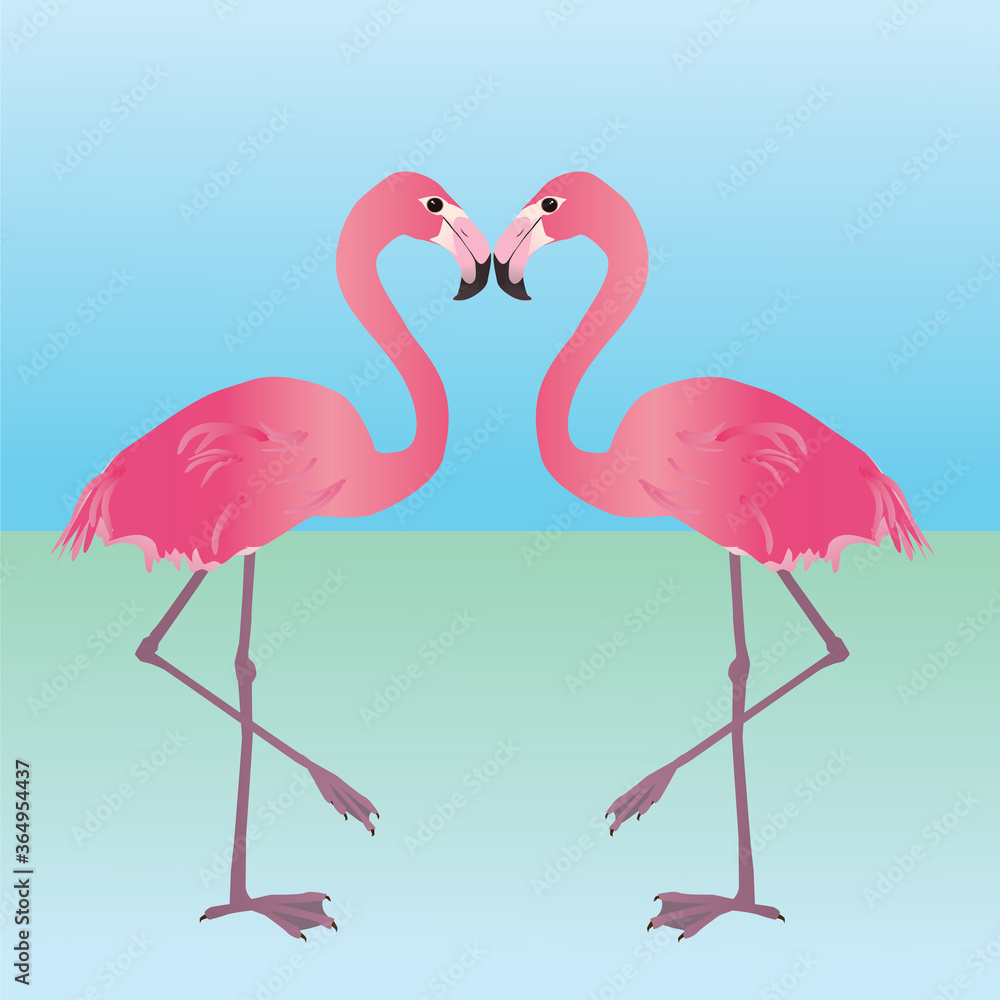 Obraz premium Print An illustration of two pink flamingos. They are holding one leg up and mirror each other