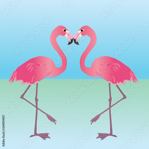 Print An illustration of two pink flamingos. They are holding one leg up and mirror each other
