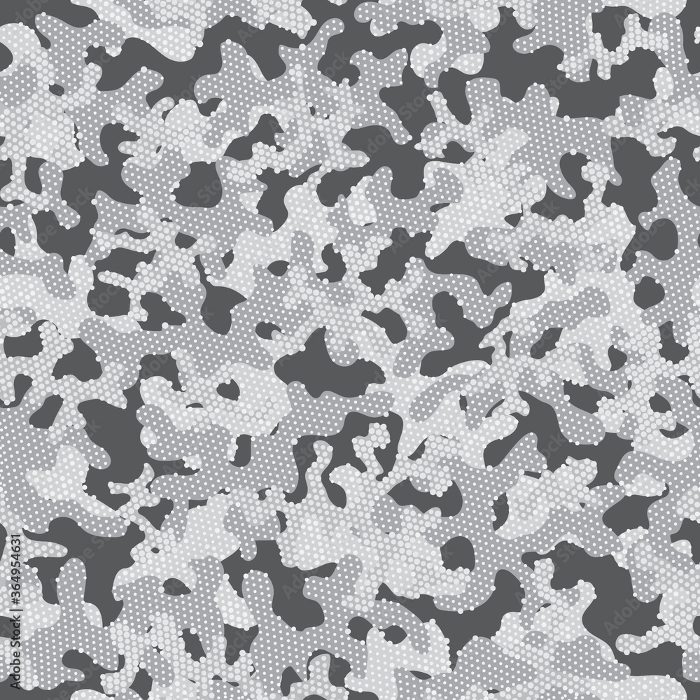 Fototapeta premium Camouflage Texture Snow Repeated Doted Vector Design. Gray Camouflage Seamless Pattern. White Seamless Creative Graphic Camouflage. Black Repeated Soldier Graphic Pattern. Gray