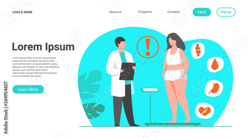 Fat patient visiting doctor. Woman suffering from overweight, obesity, heart disease, having diabetes risk. Can be used for health problem, lifestyle, medical help concept