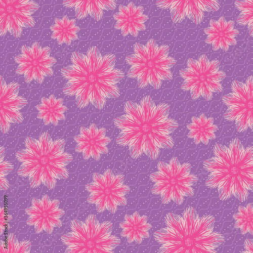 Vibrant pink flowers seamless vector pattern on purple. Botanical surface print design for fabrics, textiles, stationery, scrapbook paper, packaging, and gift wrap. © rysunki.malunki