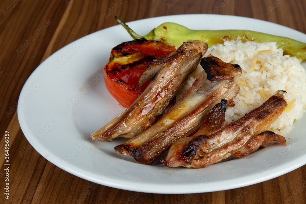 Fried Lamb Rib Menu, Rice, Pepper, Tomato, Turkish Cuisine Fried Lamb Rib Menu, Rice, Pepper, Tomato, Turkish Cuisine