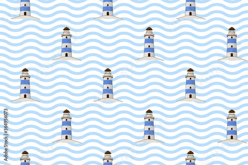 Classic lighthouse vector illustration. Blue beacon on waves seamless.