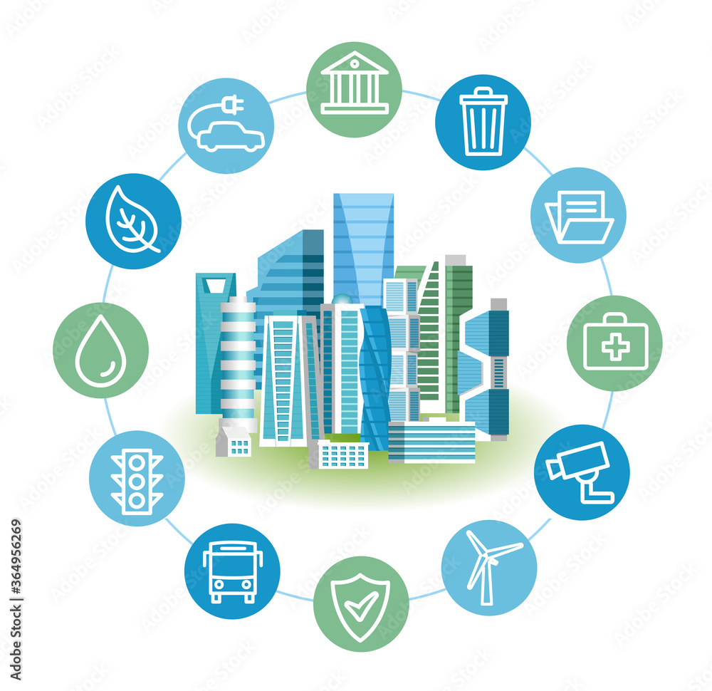 Modern Urban City Landscape And Set Of Different Infographic Icons, Vector Illustration Modern Urban City Landscape And Set Of Different Infographic Icons, Vector Illustration