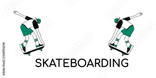 Two guys vector character-a man on a skateboard. Confident guys make sports elements on the Board.Nature of urban residents and modern lifestyle. Vector illustration isolated on a white background.