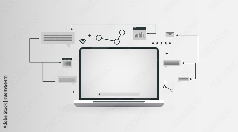 Abstract Network Scheme With Laptop And E-Mail Message Icons, Panorama Abstract Network Scheme With Laptop And E-Mail Message Icons, Panorama