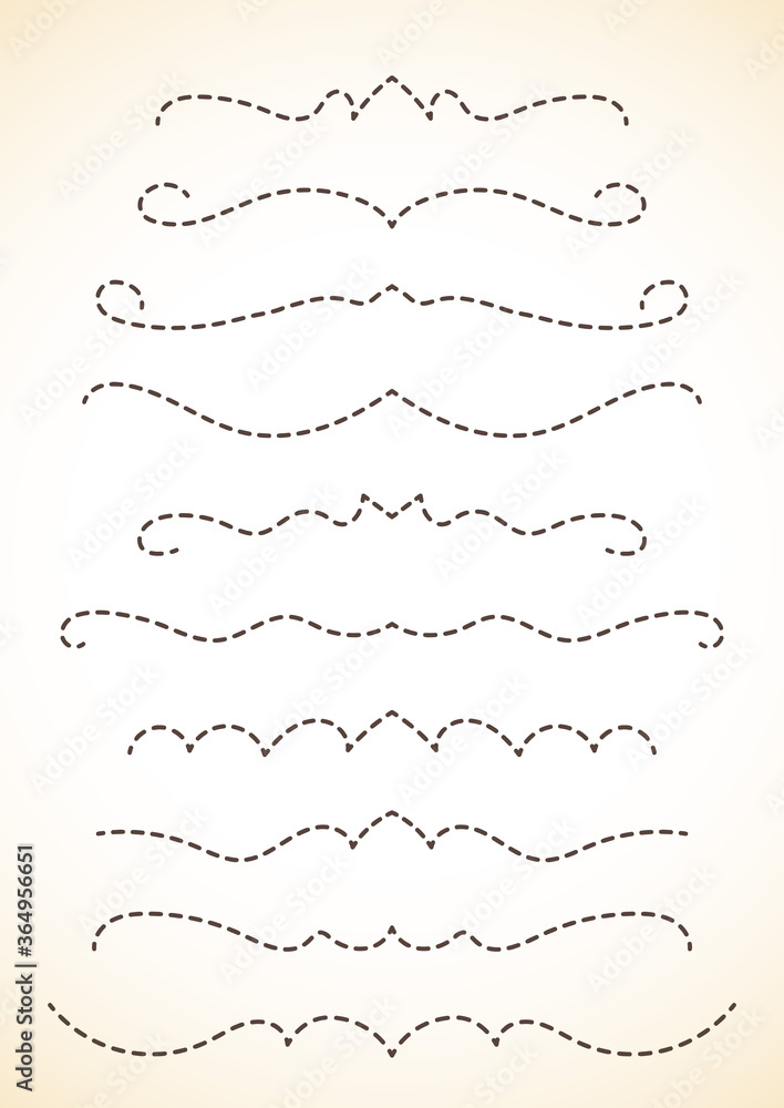 Ornamental calligraphic dash lines dividers page decoration Vector delicate minimalistic design element set Ornamental calligraphic dash lines dividers page decoration Vector delicate minimalistic design element set
