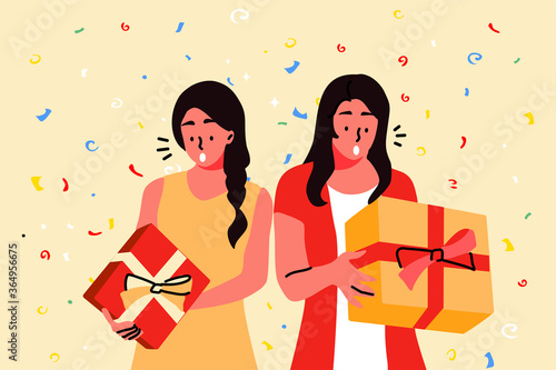 Holiday, celebration, party, gift concept. Young hapy excited women girls friends sisters cartoon characters celebrating holding present boxes together. Birthday souvenirs giveaway event illustration