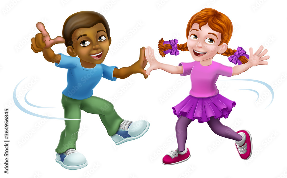 Young little girl and boy cartoon kid child characters dancing Young little girl and boy cartoon kid child characters dancing