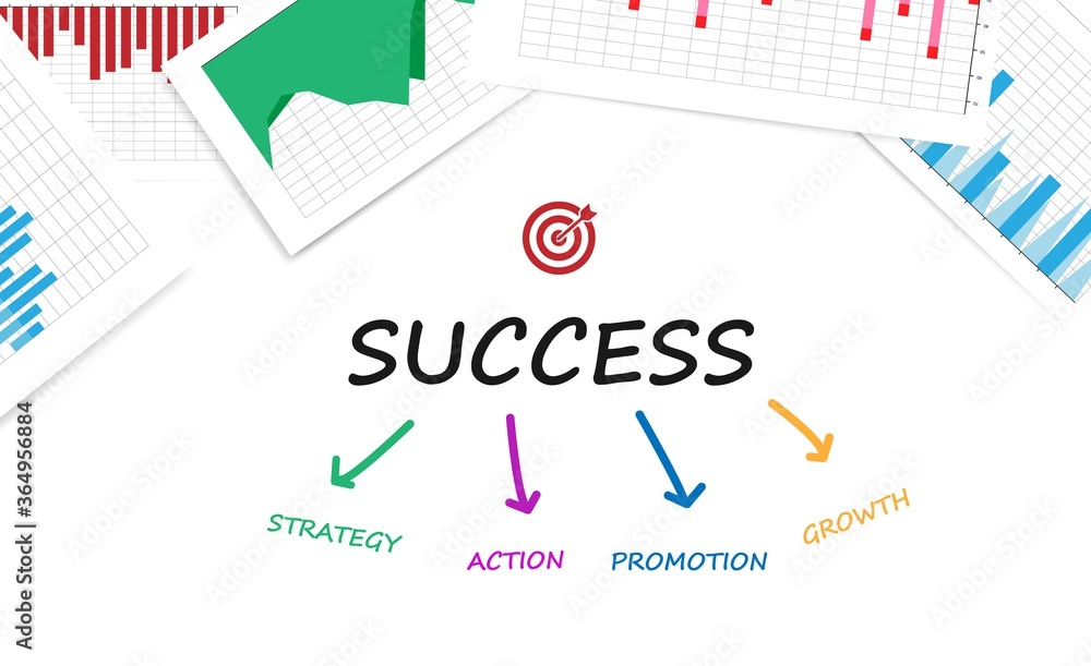 Business Success Illustration With Statistics Charts And Words, White Background Business Success Illustration With Statistics Charts And Words, White Background