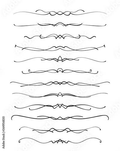 Ornamental calligraphic lines dividers page decoration Vector delicate minimalistic design element set