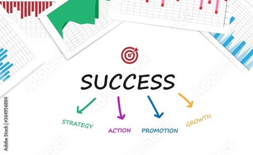 Business Success Illustration With Statistics Charts And Words, White Background