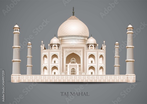  Taj Mahal on a gray background. indian culture architecture. Flat new style historic sight showplace attraction web site vector illustration.  mausoleum in Agra