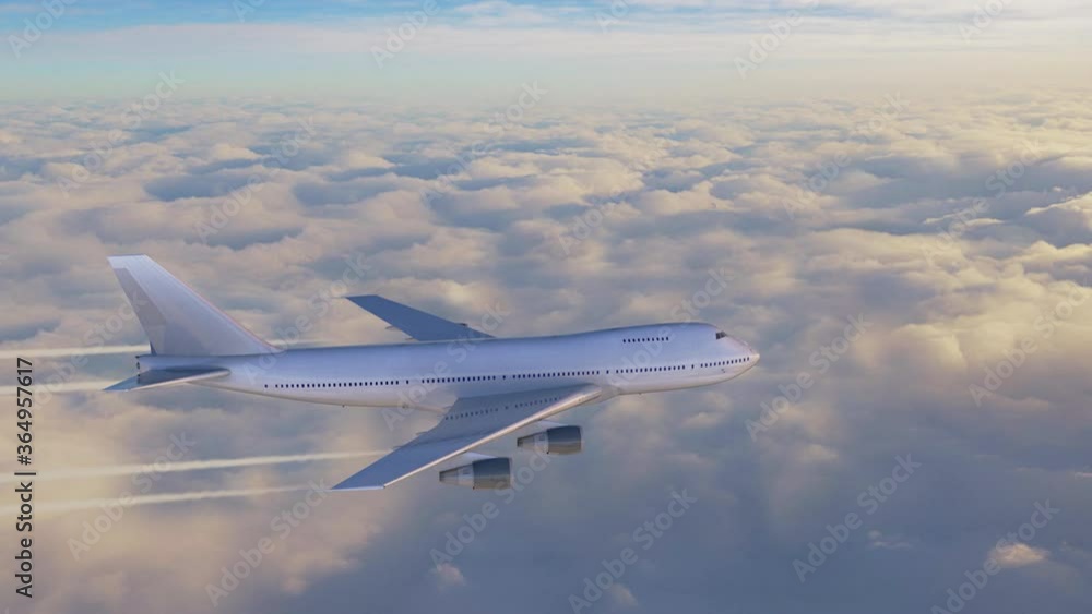 Big jet airplane flying over the sky in beautiful sunrise light. Aerial view of plane above the clouds. Footage in 4K, 16 bit depth Big jet airplane flying over the sky in beautiful sunrise light. Aerial view of plane above the clouds. Footage in 4K, 16 bit depth