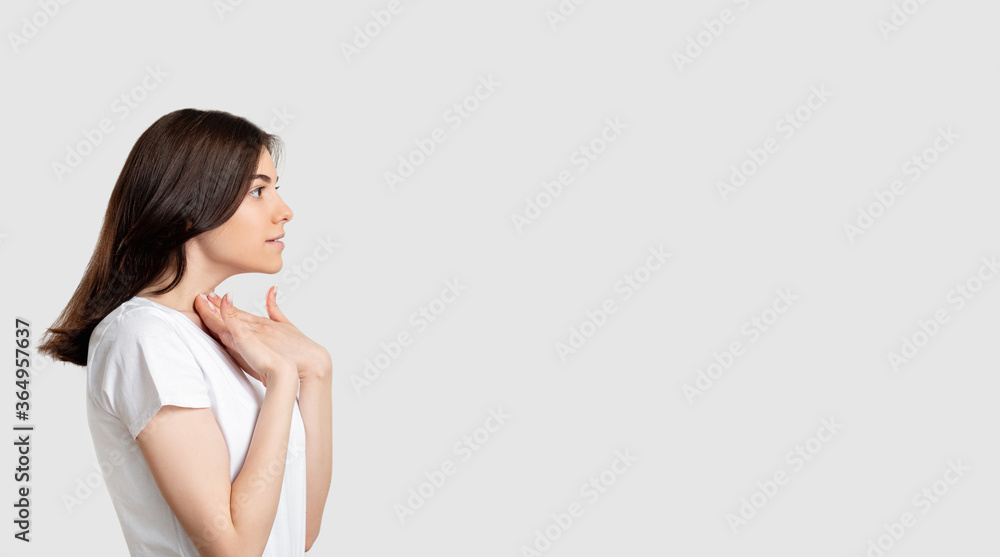 Ads background. Special offer. Surprised woman isolated looking at neutral copy space. Ads background. Special offer. Surprised woman isolated looking at neutral copy space.