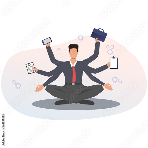 Businessman With Many Hands Multitasking And Meditating, Vector Illustration