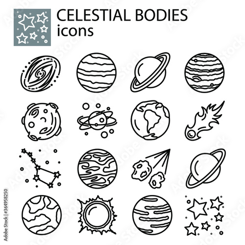 celestial bodies, planets, meteorites, solar system, comets, stars set icon thin line, linear, outline. celestial bodies, planets, meteorites, solar system  simple sign, galaxies, space logo symbol