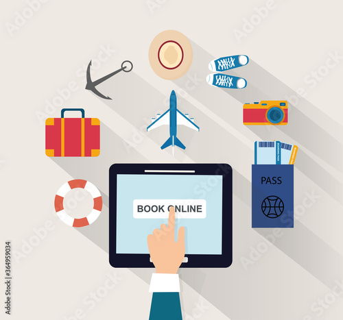Vector illustration of tablet with booking web site on screen