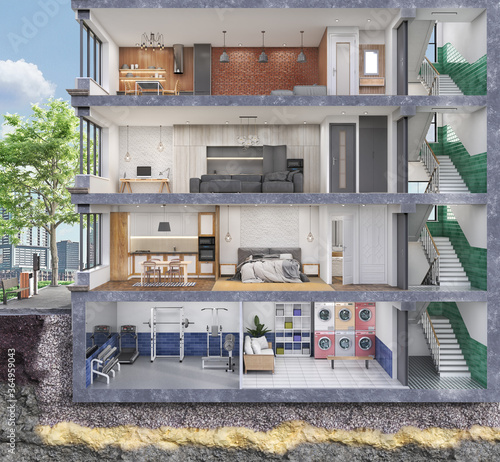 Принти на полотні House cross section, view on bathroom, kitchen and living room, 3d illustration