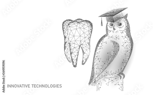 E-learning distance medicine dental graduate certificate program concept. Low poly 3D render graduation cap on tooth banner template. Internet education course degree vector illustration