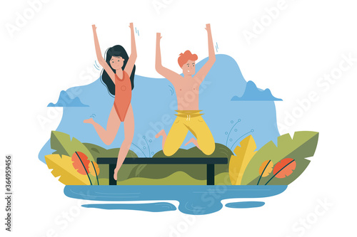 Couple, love, holiday, fun concept. Young happy man woman boyfriend girlfriend characters jumping from pier into river or lake water together. Active funny summer recreation on vacation illustration.