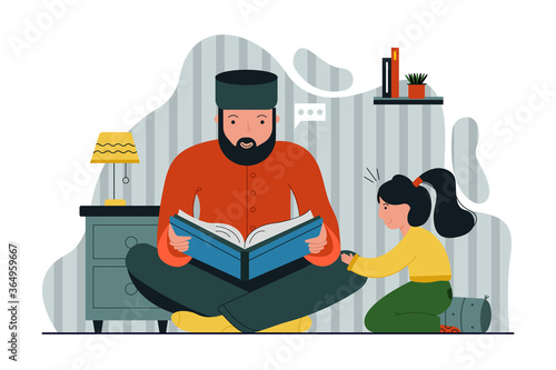 Religion, islam, leisure, God, Allah, fatherhood, childhood concept. Young muslim dad reading quran with child kid daughter together. Family recreation fathers day and religious education illustration