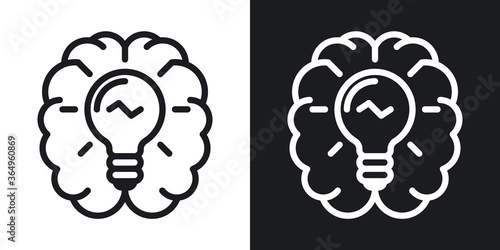 Inspiration or imagination icon. Human brain with a light bulb inside. Simple two-tone vector illustration on black and white background