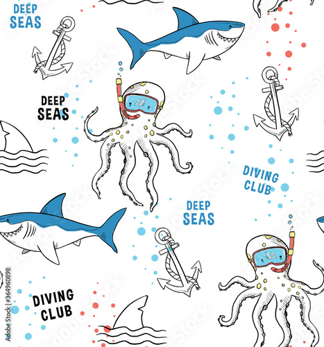 Hand drawn vector cute shark, octopus drawing seamless pattern. For kids and babies t-shirt prints and other uses.