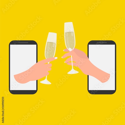 Girls Clinking Champagne Glasses Through Phones Screens, Yellow Background, Illustration