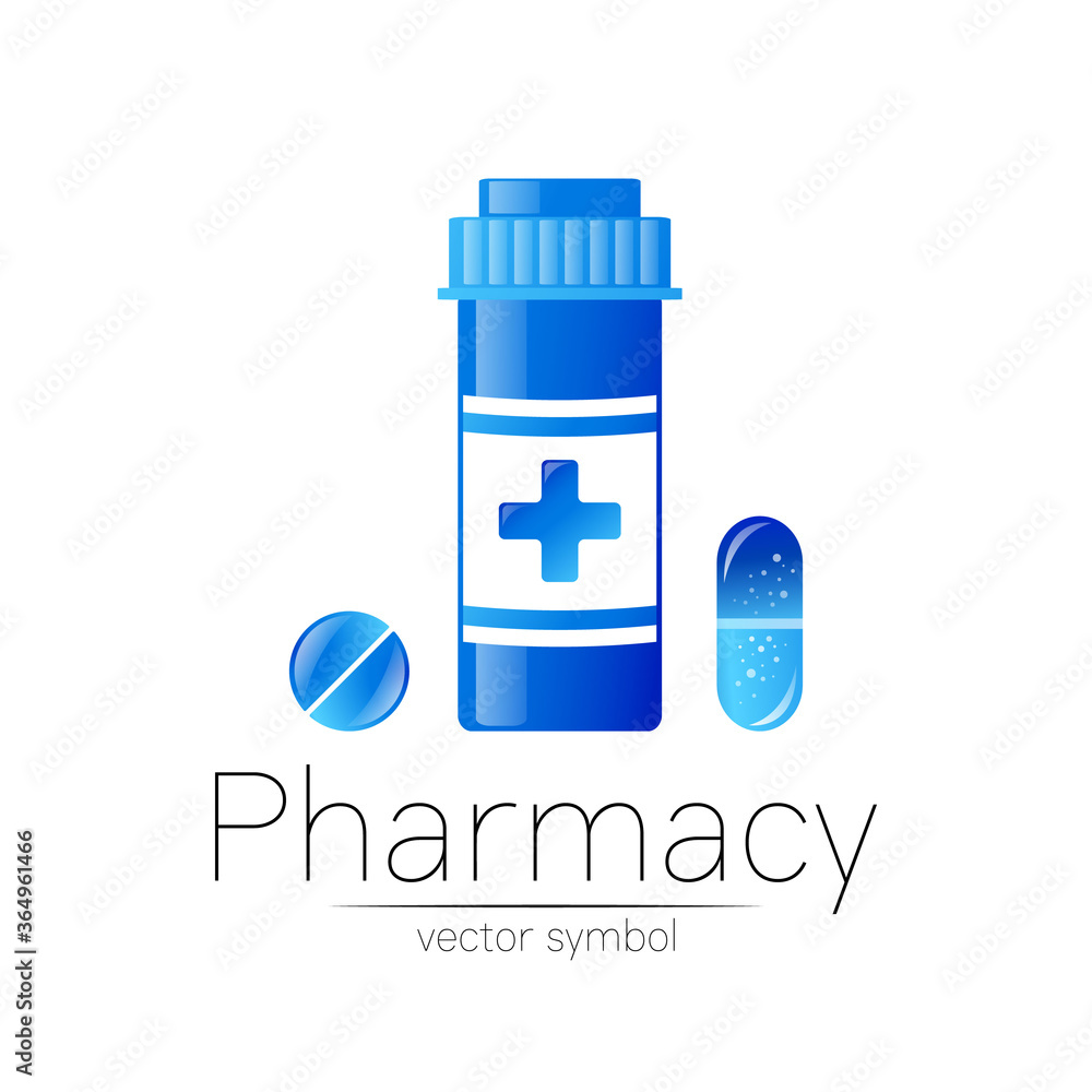 Pharmacy vector symbol with blue pill bottle and tablet for pharmacist, pharma store, doctor and medicine. Modern design vector logo on white background. Pharmaceutical icon logotype . Health Pharmacy vector symbol with blue pill bottle and tablet for pharmacist, pharma store, doctor and medicine. Modern design vector logo on white background. Pharmaceutical icon logotype . Health